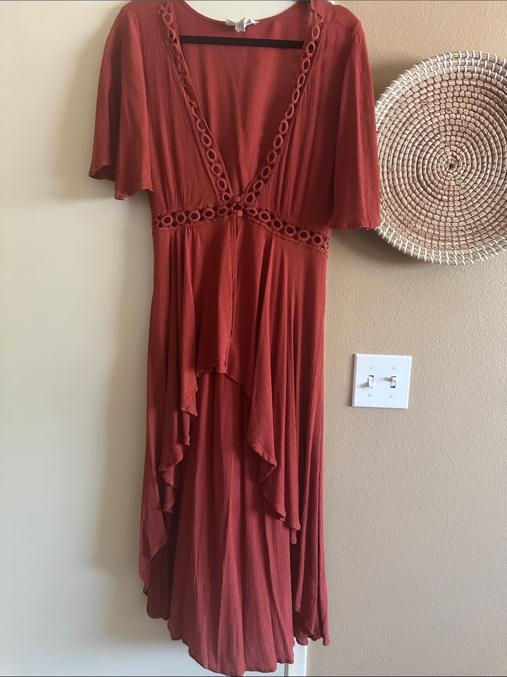 Rust Red V-Neck Flutter Sleeve Midi Dress